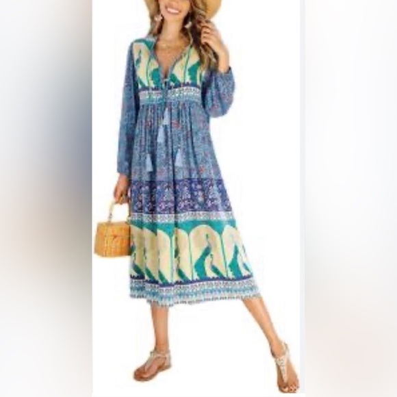 R.Y Iposha Dresses & Skirts - R.Y Iposha Women's Long Sleeve Floral Print Retro V Neck Tassel Bohemian Size 2